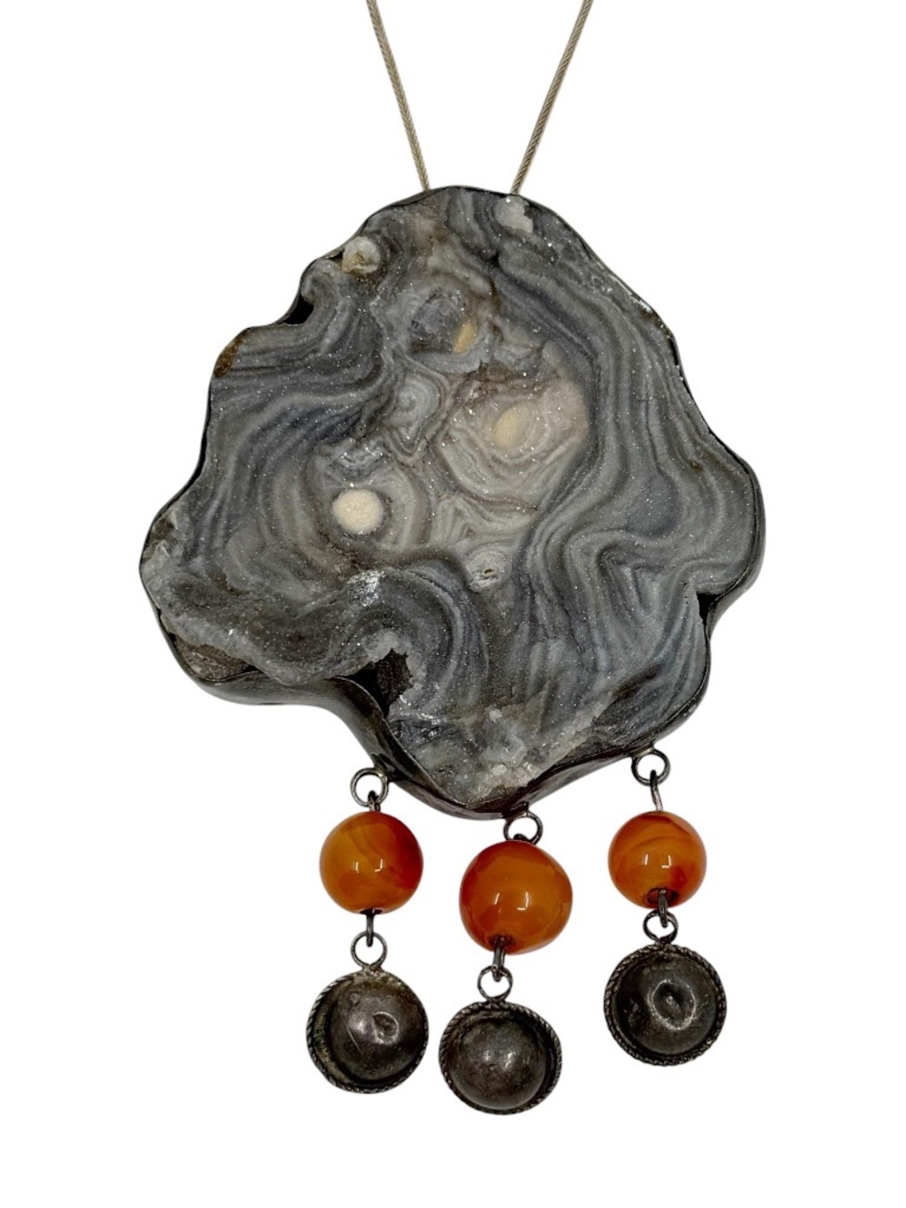 vintage Israeli sterling silver druzy agate & carnelian pendant necklace - GM459